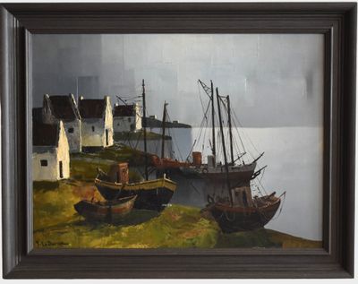 a painting of two boats on the shore by the water