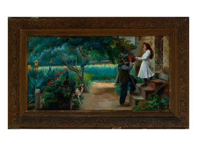 un tableau représentant un homme et une femme dans un jardin, en compagnie d'un chien