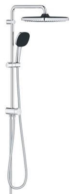 a close up of a shower faucet with a shower head and hand shower