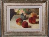 a painting of three peaches and a vase of flowers on a table