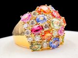yellow gold plated ring with multi colored stones and diamonds