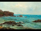 an oil painting of a rocky coast with a body of water in the foreground