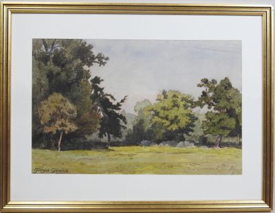 an image of a painting of a field with trees in the background