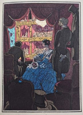 une image représentant un dessin d'une femme en robe bleue et d'un homme en costume noir