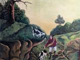 an oil painting of a man with a dog and two dogs in a field