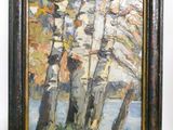 une peinture à l'huile représentant un bouleau au bord d'un lac, dans un cadre en bois