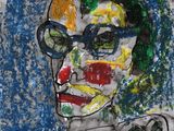 tableau représentant une femme portant des lunettes et un masque de clown