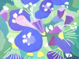 painting of a bunch of blue flowers on a green background