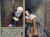 an old painting of a man and a woman standing in front of a door