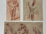 four drawings of people in various poses on a white surface