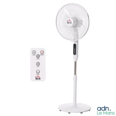 an image of a white fan sitting on top of a table next to a remote control