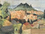 une image représentant un tableau d'une ville avec une colline en arrière-plan