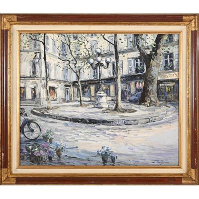 une peinture à l'huile représentant une scène de rue en ville, avec une horloge et des fleurs