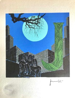 une photo d'un tableau représentant une ville avec un arbre