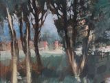 an oil painting of trees in a field with a river in the background