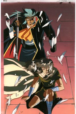 a cartoon picture of a man and a woman with swords in their hands