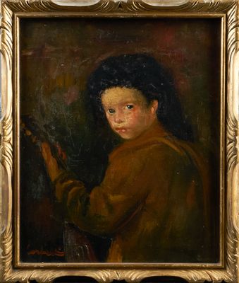 a painting of a young boy holding a violin in a gold frame