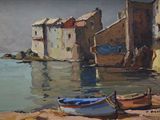 un tableau représentant un bateau amarré au bord de l'eau