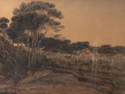 dessin représentant un paysage avec des arbres et un chemin de terre au premier plan