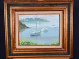 a picture of a painting of boats on the water