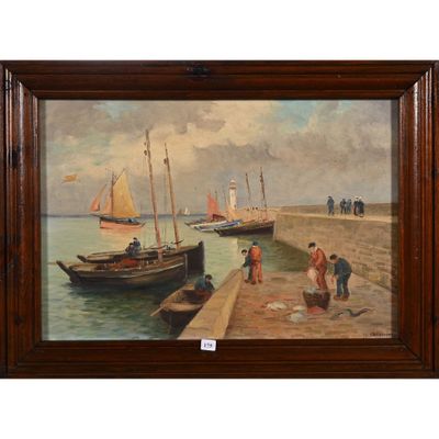 une peinture à l'huile représentant un groupe de personnes sur une jetée, avec des bateaux dans l'eau