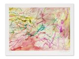 une peinture abstraite réalisée à l'aide de peinture rose, jaune et verte sur fond blanc