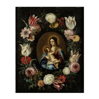 un tableau représentant une femme tenant un enfant dans une couronne de fleurs