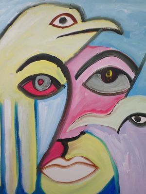 un tableau représentant un visage sur lequel est posé un oiseau