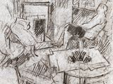 drawing of a group of people sitting around a table in a living room