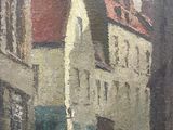 an oil painting of a street scene with buildings and a person walking down the street