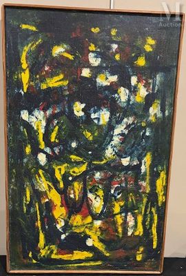 une peinture à l'huile représentant un vase de fleurs posé sur une table noire