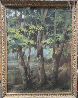 une peinture à l'huile représentant un paysage boisé avec des arbres et un ruisseau