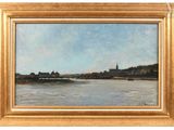 an oil painting of a river scene with a bridge and a church in the distance