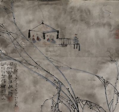an image of a drawing of a building with a tree in the foreground