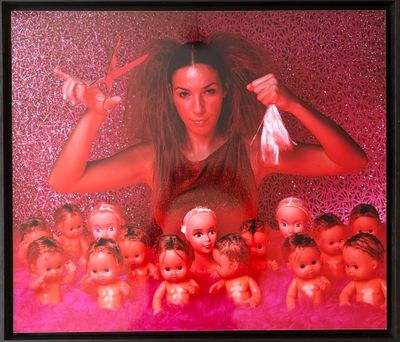 a picture of a woman holding a pair of scissors in front of a bunch of dolls