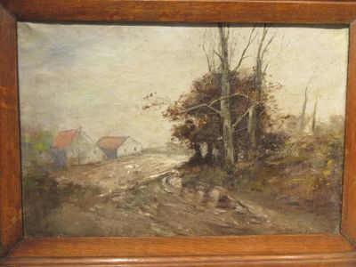 une peinture à l'huile représentant une scène champêtre avec une grange au loin