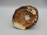 a close up of a piece of wood with a sticker on it