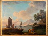 une peinture à l'huile représentant des personnes à bord d'un bateau sur un plan d'eau