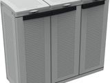 a close up of a plastic trash can with three doors