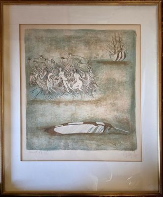 painting of a feather in a frame on a wall next to a window