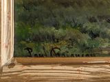 a painting of a view of a field from a window
