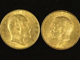 two gold sovereigns, one with the head of a man and one with a woman