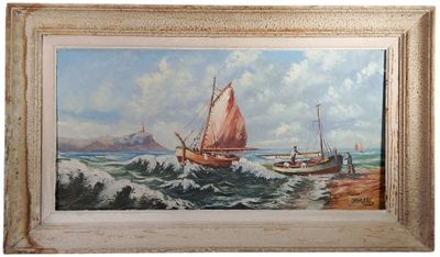 a picture of a painting of a sailboat in the ocean