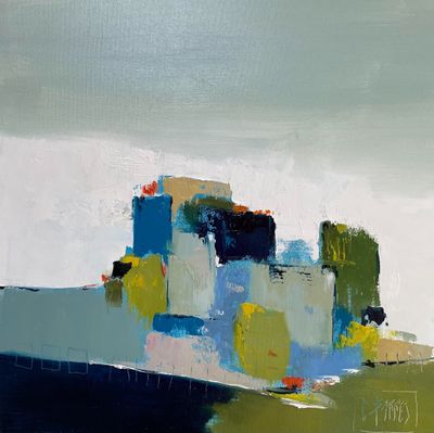 an abstract painting of a boat in a body of water