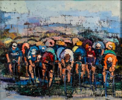 a painting of a group of people with umbrellas