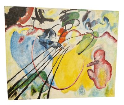 abstract painting of a cat and a bird on a yellow background
