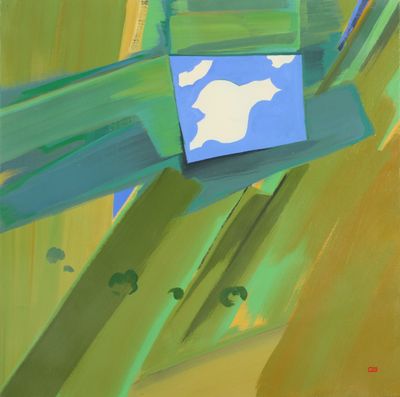 an abstract painting of a green plane with a blue sky in the background