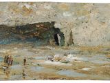 an image of a painting of people on a beach near a cliff