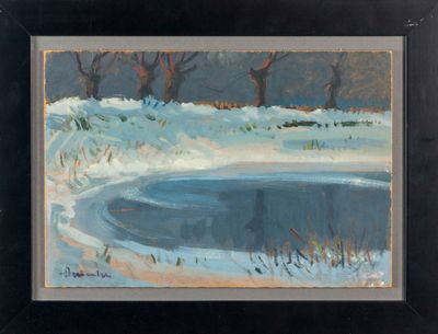 une peinture à l'huile représentant un étang sous la neige, avec des arbres en arrière-plan