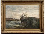 an oil painting of a ship in a body of water